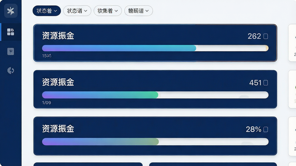 主体为「资源振金」软件下载管理页面,屏幕中展示多个下载任务的进度条与速度数值,任务卡片排列有序;布局为纵向列表式构图,顶部有状态筛选标签;排版清晰,进度条色彩区分明显;风格为简约商务风,深蓝与白色搭配;细节上进度条有渐变填充,卡片带细边框;画质高清,干净,无多余元素