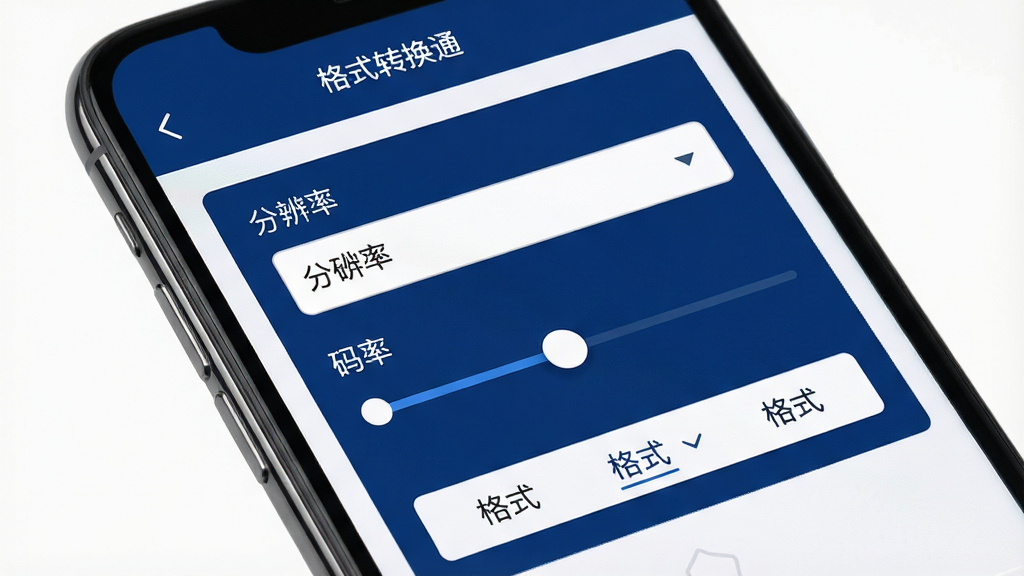 一张参数设置面板的特写图,画面中手机屏幕显示“格式转换通”的视频转换设置界面,包含分辨率下拉框、码率滑块和格式选择按钮,界面元素排列整齐,配色以深蓝和白色为主,背景为纯色,画质锐利清晰