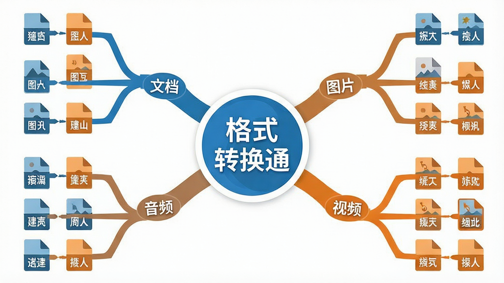 一张信息图表风格的插画,画面中心是“格式转换通”的圆形图标,四周发散出四条分支,分别标注“文档”“图片”“音频”“视频”字样,每条分支下再列出若干具体格式名称,整体采用扁平化设计,配色以蓝色和橙色为主,布局对称清晰,画质干净整洁