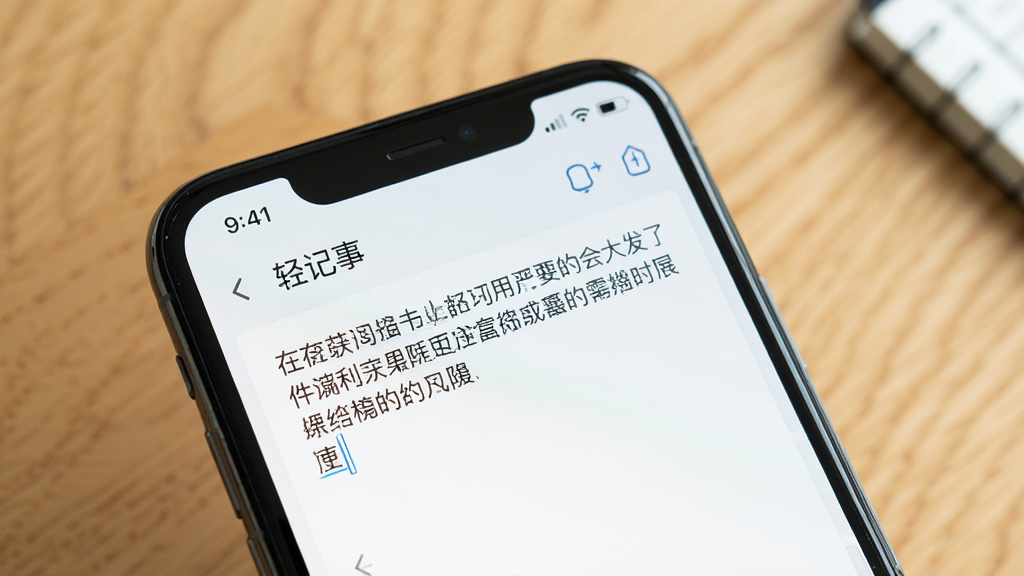 一部手机屏幕特写,显示轻记事本正在编辑一条文字笔记,输入框内有中文文字内容,屏幕上方状态栏清晰,背景为虚化的木质桌面,整体画面干净明亮,突出文字输入界面的简洁感,画质清晰,无多余装饰元素
