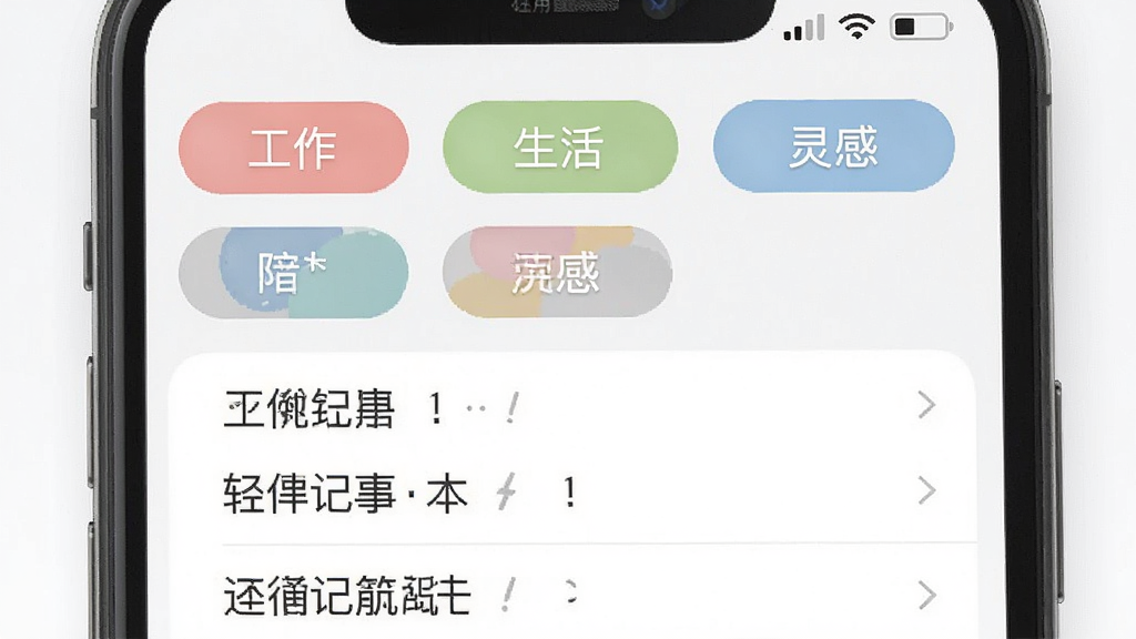 轻记事本应用内标签管理界面截图风格示意图,手机屏幕上显示多个彩色标签按钮,标签文字包括“工作”“生活”“灵感”等,下方是对应标签下的记事条目列表,整体布局规整,配色柔和,背景简洁,画质干净,无多余元素
