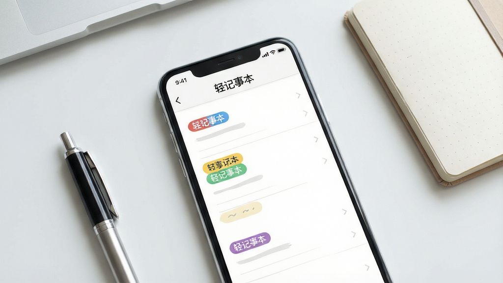 一张展示轻记事本手机应用主界面的产品图,画面中央是一部竖屏智能手机,屏幕上显示简洁的记事本列表界面,顶部有“轻记事本”文字标题,下方排列着几条彩色标签的记事条目,背景为浅灰白色桌面,旁边散落一支笔和一本纸质小本子作为点缀,整体风格清爽简约,光线明亮柔和,画质干净清晰,无多余杂乱元素