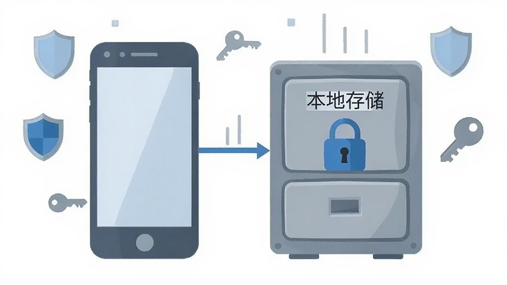 一幅表现数据本地存储概念的插画,画面中一部手机与一个带锁的文件柜图标相连,文件柜上标注“本地存储”字样,周围有盾牌和钥匙的小图标点缀,风格扁平化,配色以蓝色和灰色为主,画面干净整洁,画质清晰,无杂乱背景