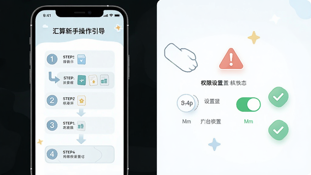 汇算核心平台新手操作引导页面,手机屏幕显示分步安装示意图与权限设置开关,旁边有警示图标与对勾标记,布局为左右对照,风格为清新浅色插画,细节表现步骤序号与箭头,画质干净,无多余元素