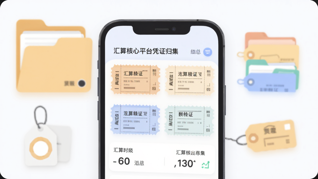 汇算核心平台凭证归集页面展示,手机屏幕中排列分类票据卡片与汇总数字,背景有文件夹与标签元素,布局为上下结构,风格为柔和圆角扁平插画,细节清晰,画质干净,无多余元素