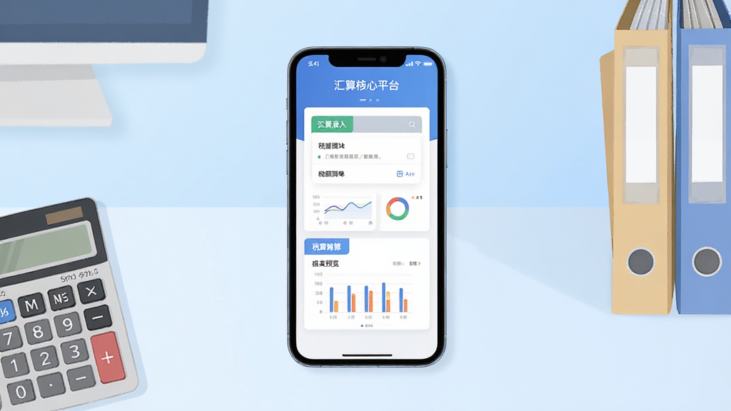 手机屏幕中央展示“汇算核心平台”应用主界面,界面包含数据录入卡片、税额测算模块与报表预览区域,背景为浅蓝渐变办公桌面,旁边放置计算器与文件夹,整体布局简洁对称,风格为扁平化商务插画,细节清晰,画质干净,无多余元素