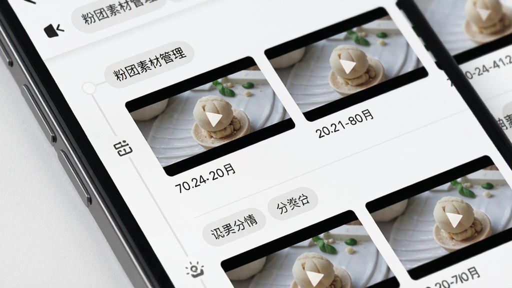 粉团素材管理界面,手机屏幕特写,画面展示按时间线排列的视频缩略图与分类标签,布局规整,风格清爽简约,细节呈现图标与文字标签,画质清晰,干净无多余元素