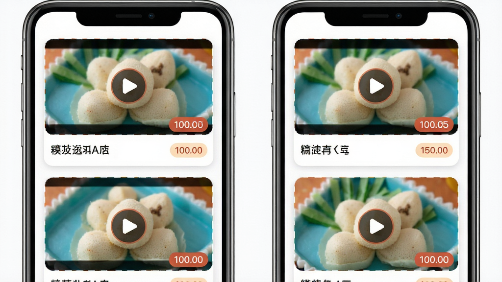 粉团模板选择页面,手机界面展示多个视频模板卡片,卡片内含预览图与时长标签,布局为两列网格,风格活泼明快,细节清晰,画质高清,干净无多余元素