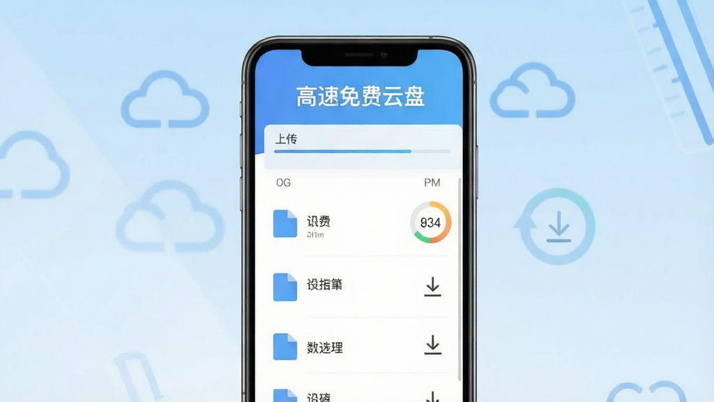 一张手机屏幕展示云盘应用主界面的场景图,画面中央是简洁的文件列表和上传进度条,顶部显示“高速免费云盘”字样,背景为浅蓝渐变,风格清新扁平化,细节包括文件图标、存储空间环形图、上传下载箭头,画质清晰干净,无多余元素