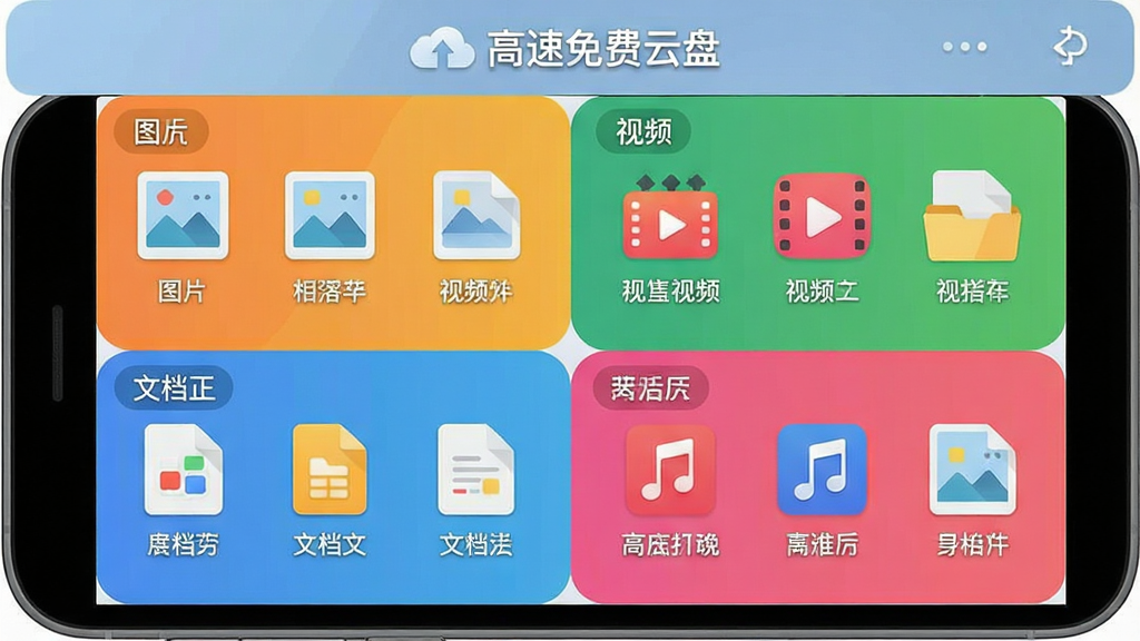 一张展示手机文件分类管理界面的示意图,画面中手机屏幕被划分为图片、视频、文档、音乐四个彩色区块,每个区块内有对应图标,顶部有“高速免费云盘”标识,风格清爽扁平,细节包括文件缩略图、分类标签,画质清晰干净,无多余元素
