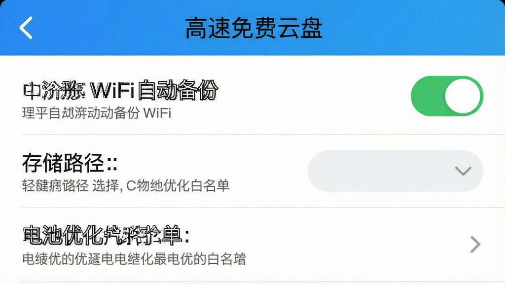 一张手机应用设置界面的示意图,画面展示WiFi自动备份开关、存储路径选择、电池优化白名单等选项,界面风格简洁,顶部有“高速免费云盘”标题,细节包括开关按钮、下拉菜单、提示文字,画质清晰干净,无多余元素