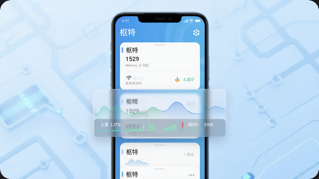 一部安卓手机屏幕中显示“枢特”应用正在流畅切换多个任务卡片,画面用半透明数据条表现内存占用低、运行轻盈的视觉效果,背景为淡蓝色科技感渐变,主体突出、排版居中,风格简洁现代,细节干净,画质清晰