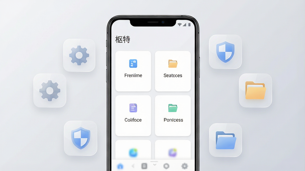 一张展示移动端工具类应用主界面的场景图,画面中央放置一部竖屏安卓手机,屏幕内呈现简洁的卡片式功能入口布局,顶部显示应用名称“枢特”,周围环绕齿轮、盾牌、文件夹等半透明功能图标,背景为浅灰渐变纯色,整体风格清爽现代,细节干净无杂乱元素,画质清晰锐利