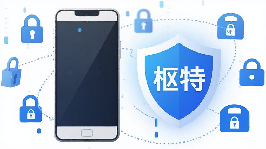 画面主体为一部手机与一个发光的盾牌图标并排,盾牌内部显示“枢特”字样,周围有数据锁与本地存储符号环绕,布局左右对称,风格为扁平化安全主题插画,配色以蓝白为主,细节干净,画质清晰