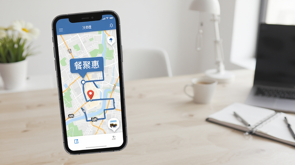 餐聚惠配送轨迹跟踪界面,手机屏幕显示城市地图与配送路线线条,起点终点标记清晰,背景为简洁的室内办公桌面,扁平化风格,画质干净