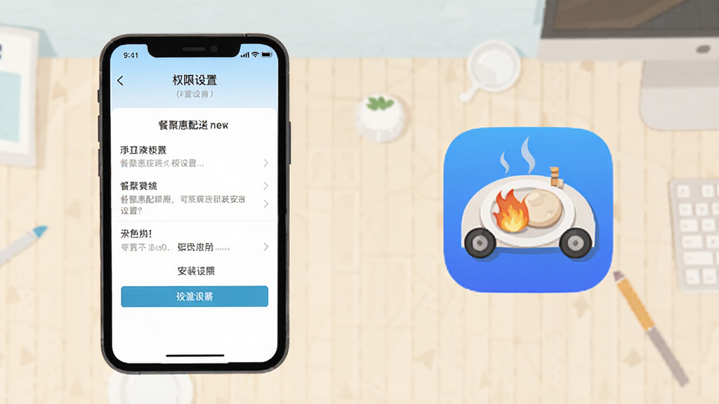 餐聚惠配送安装设置示意图,画面展示手机权限设置页面与软件图标,背景为简洁浅色桌面,扁平化插画风格,细节清晰,画质干净