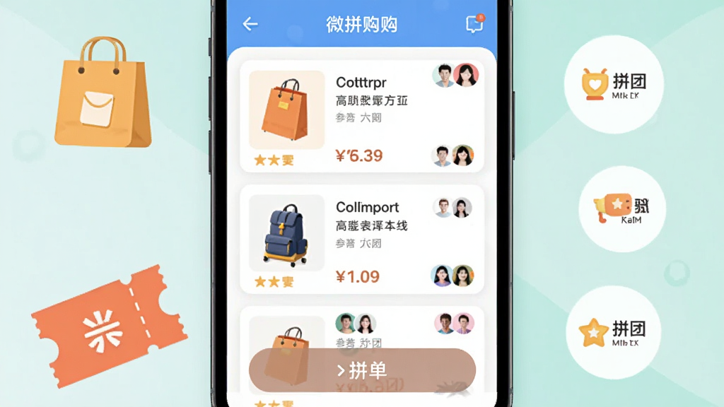 微拼购应用主界面展示,手机屏幕中央呈现拼团商品列表与拼单按钮,周围环绕购物袋、优惠券、拼团人数图标,布局为居中对称排版,风格为清新扁平化插画,细节包含商品卡片、价格标签、参团头像,画质清晰干净,无多余元素