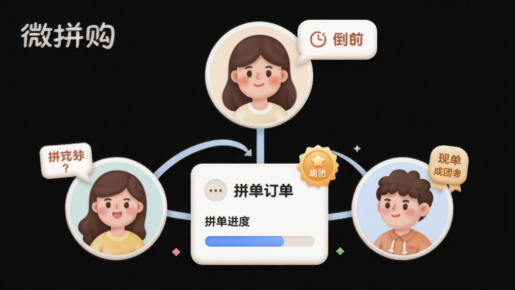微拼购社交拼团场景插画,画面主体为三位用户头像通过连线汇聚到同一个拼团订单卡片,布局为三角形构图,风格为柔和圆角卡通,细节包含倒计时气泡、成团徽章、拼单进度条,画质清晰干净,画面中带文字“微拼购”