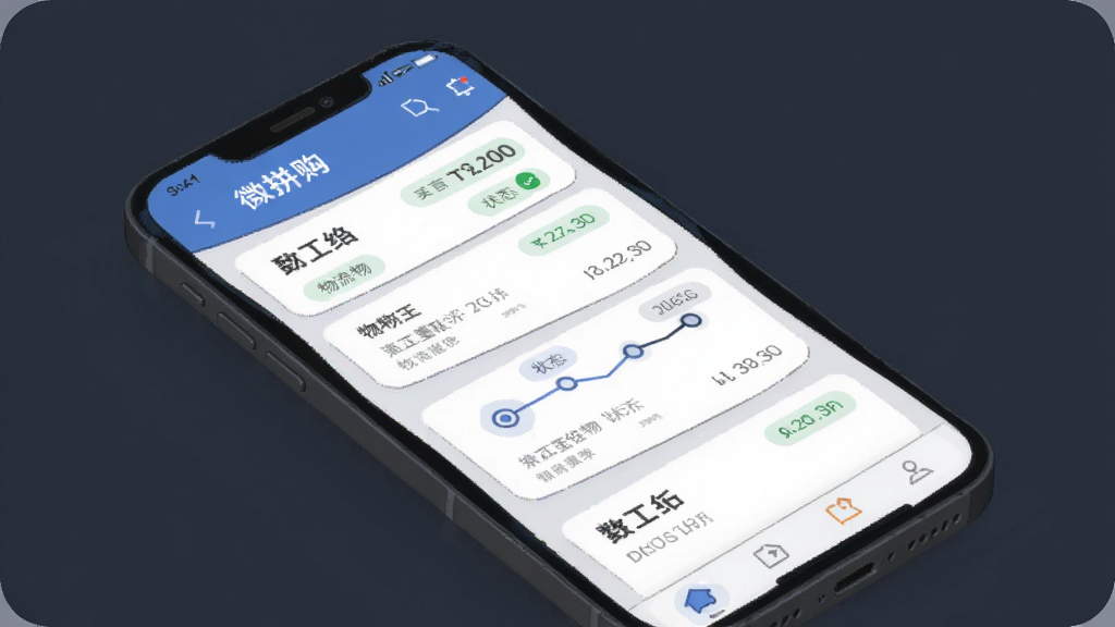 微拼购订单管理界面示意图,手机屏幕显示订单状态卡片纵向排列,布局为上下分层列表排版,风格为简约商务插画,细节包含物流轨迹节点、状态标签、时间戳,画质清晰干净,无多余元素