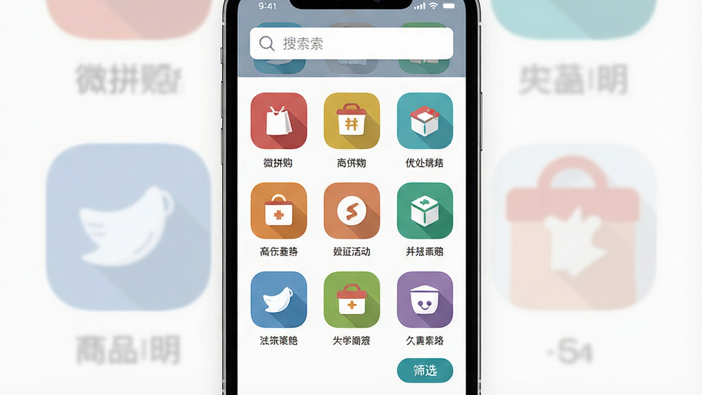 微拼购商品分类页面展示,手机界面中呈现多个彩色分类图标整齐排列,布局为九宫格网格排版,风格为清爽扁平图标设计,细节包含分类文字标签、搜索框、筛选按钮,画质清晰干净,无多余元素