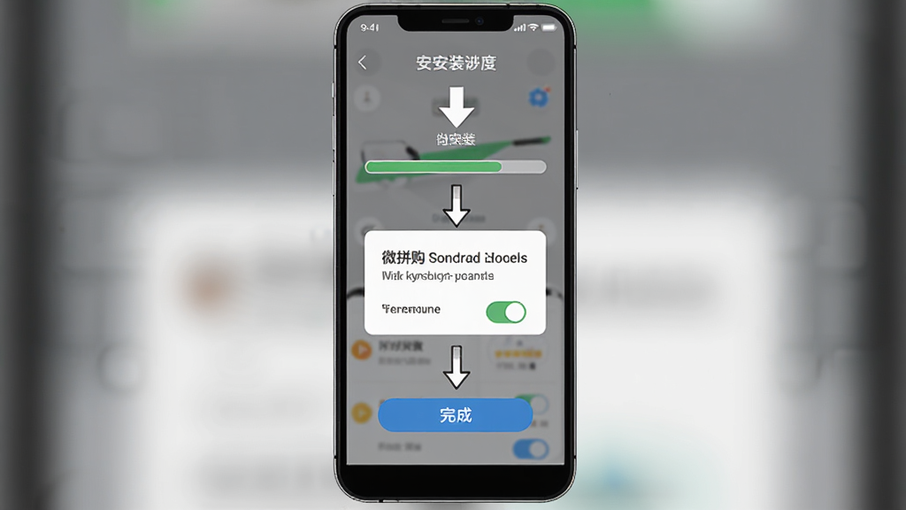 微拼购安卓手机安装步骤示意图,画面主体为手机屏幕显示安装进度条与权限弹窗,布局为纵向流程排版,风格为简洁说明性插画,细节包含下载箭头、权限开关、完成按钮,画质清晰干净,无多余元素