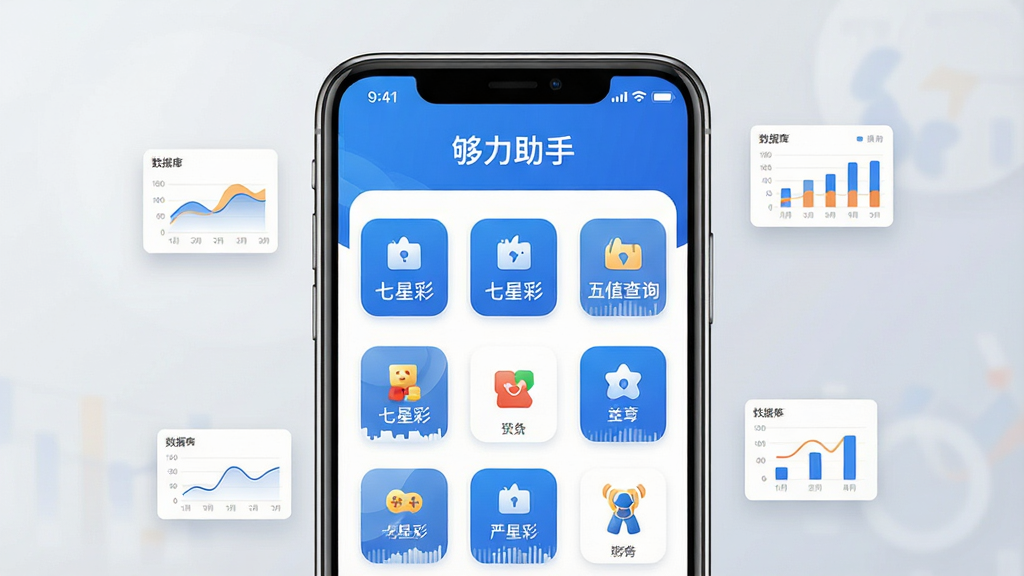 一张手机应用界面展示图,画面中央是“够力助手”APP的主页截图,顶部显示软件名称“够力助手”,下方整齐排列着排列五、七星彩等开奖查询入口图标,整体采用蓝白配色,风格简洁清爽,背景为浅灰色渐变,周围点缀几个悬浮的数据图表小元素,画面干净明亮,高清画质,无多余装饰元素