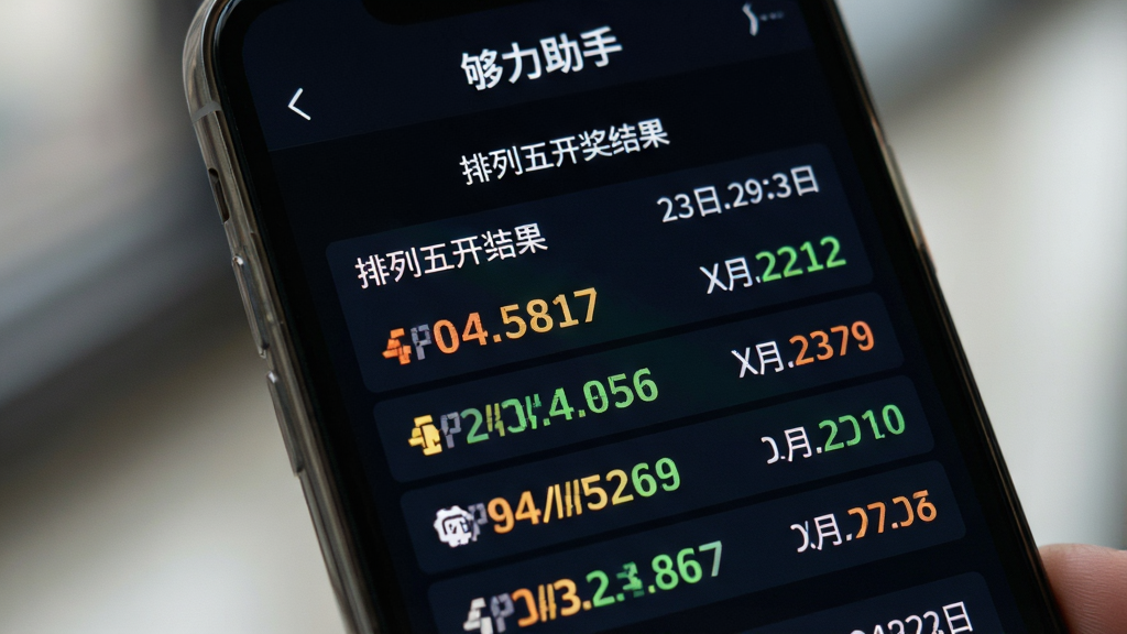 一张手机屏幕特写图,屏幕中显示“够力助手”开奖查询页面,页面上方标注“排列五开奖结果”,下方以列表形式展示多期开奖号码与日期,数字清晰醒目,整体为深色背景搭配亮色数字,风格专业简洁,画面聚焦手机屏幕,背景虚化,高清质感,干净无杂乱元素
