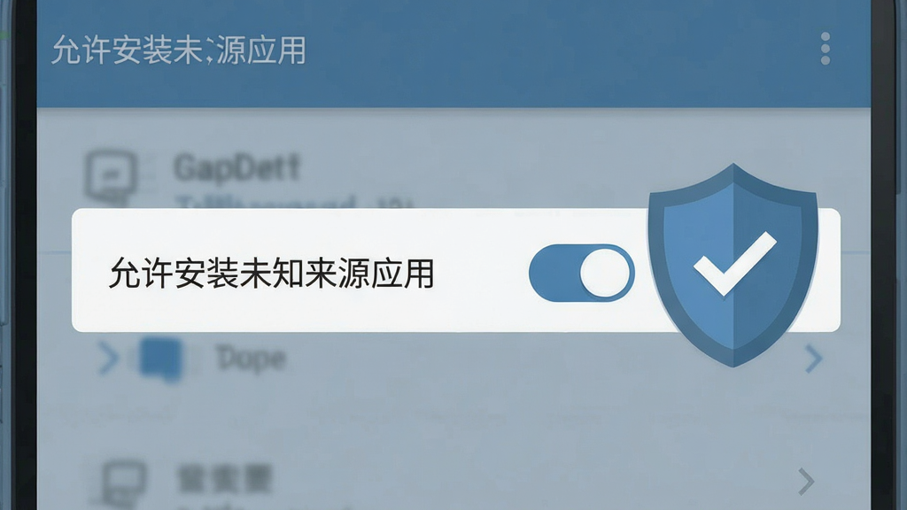一张手机操作示意图,画面展示安卓手机设置界面中“允许安装未知来源应用”的开关选项,旁边配有一个盾牌安全图标,整体采用扁平化插画风格,色调以蓝灰为主,画面简洁明了,重点突出权限设置步骤,高清画质,无多余文字堆砌