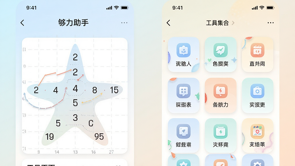 一张手机应用功能展示图,画面中同时呈现“够力助手”的奖表页面与工具集合页,左侧为排列五走势图表,右侧为多个功能图标整齐排列,界面采用卡片式布局,色彩柔和,背景为浅色渐变,整体风格清新明快,画质细腻,无多余装饰