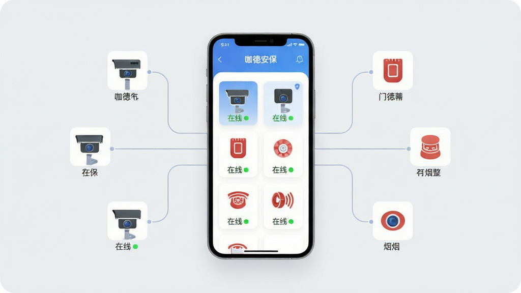 画面主体为“咖德安保”应用的多设备管理界面,屏幕中整齐排列摄像头、门磁、烟感等设备图标,每个图标旁标注在线状态;手机悬浮于浅灰色背景之上,周围环绕简洁的线条连接各设备图标,体现统一管理概念;风格为扁平化科技风,色调清爽,画质干净,文字清晰,无多余元素