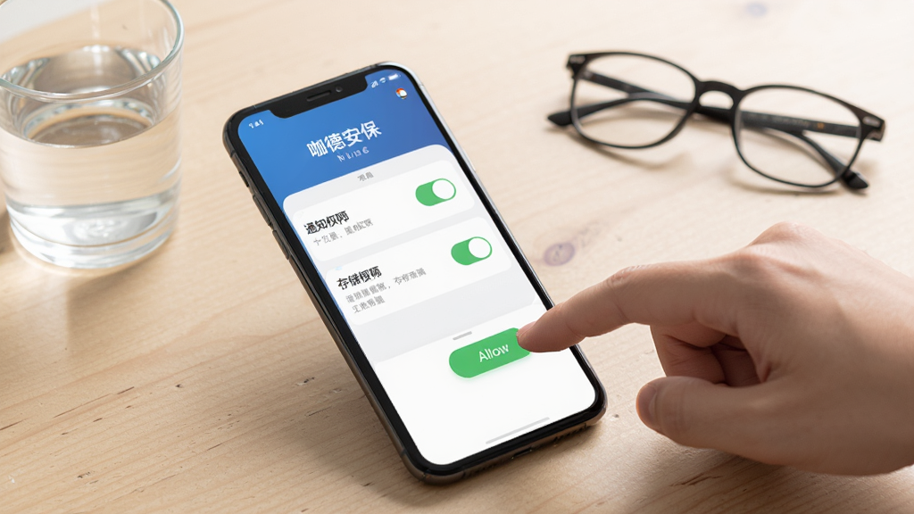 画面主体为“咖德安保”应用在手机上的权限设置界面,屏幕显示通知权限与存储权限开关,旁边有一只手正在点击允许按钮;背景为浅色桌面,放置一杯水与一副眼镜;风格生活化写实,光线明亮,细节清晰,画质干净,无多余元素