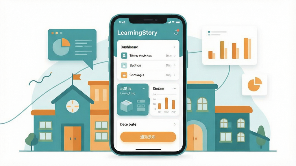 һ��չʾLearningStory ԰�����ֻ�Ӧ�ý���ĳ���ͼ������������һ�����������ֻ�����Ļ����ʾ԰�������Ǳ��̣������༶�б�������ͳ�ƿ�Ƭ��֪ͨ������ť���ֻ���Χ�����ų�����׶�԰��������������ͼ��Ԫ�أ����岼��Ϊ�ֻ����С�Ԫ�ػ���ʽ�Ű棬���Ϊ��ˬ�ִ��ı�ƽ��UI�廭�磬ϸ�����ֻ��߿�Բ����Ļ���ݲ�η�������ɫ������ɫ��ů��ɫΪ�������������ɾ����޶�������Ԫ��