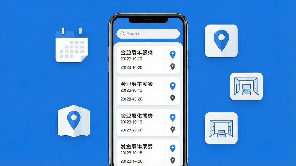 画一幅手机应用场景图,画面中央是一部智能手机,屏幕上显示展会信息列表界面,顶部有搜索框,下方整齐排列多条展会卡片,每张卡片包含展会名称、日期和地点图标;手机周围漂浮着日历、地图标记和展厅轮廓的简约图标;整体布局居中,风格清爽现代,色调以蓝白为主,细节干净利落,画质高清,画面中不出现多余文字元素