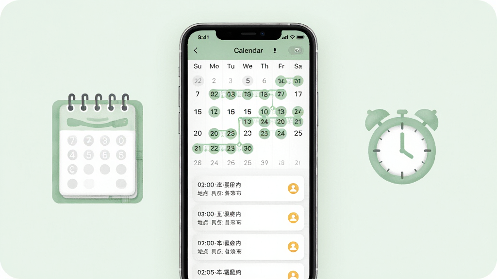 画一幅日程管理界面图,画面中一部手机显示日历视图,日历上标注了多个展会日期圆点,下方列出展会日程卡片,卡片上有时间、地点和提醒图标;手机旁放置一个日历本和时钟的简约图标;整体布局居中,风格清新柔和,色调以浅绿和白色为主,细节干净,画质清晰