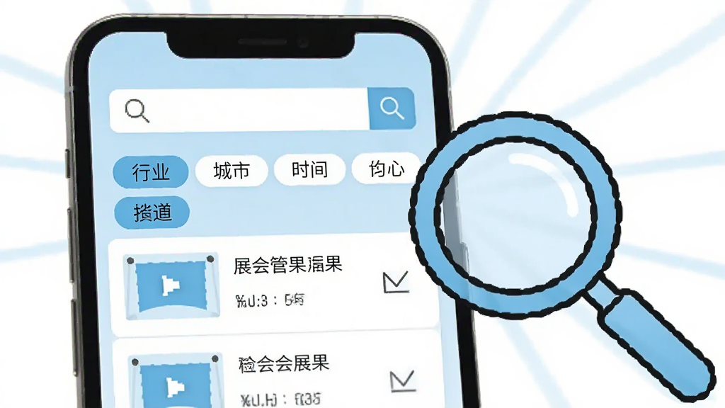 画一幅搜索筛选界面示意图,画面中一部手机屏幕显示搜索栏和多个筛选标签,标签包括行业、城市、时间等选项,下方展示筛选后的展会结果列表;手机旁边放置一个放大镜图标,象征精准检索;整体风格简洁明快,配色以浅蓝和白色为主,布局清晰,画质高清,画面中不出现多余文字