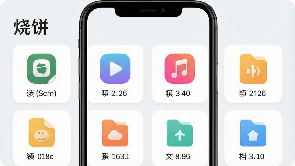 一张手机应用文件管理界面图,画面展示“烧饼”软件的文件分类页面,顶部有“烧饼”名称,下方以网格形式排列安装包、视频、音频、文档等分类图标,每个分类旁标注文件数量,风格为清新浅色系,布局整齐,细节包括彩色图标和圆角卡片,画质清晰,无杂乱元素