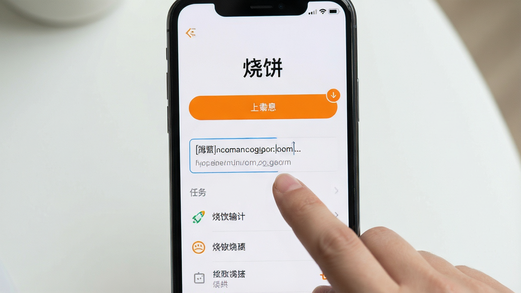 一张手机屏幕特写图,画面展示“烧饼”软件的下载输入界面,一只手正在点击屏幕上的下载按钮,输入框内显示已粘贴的链接地址,背景为浅色简约风格,界面元素包括“烧饼”文字标识、橙色按钮和任务列表,排版居中对称,细节清晰,画质干净,无多余装饰