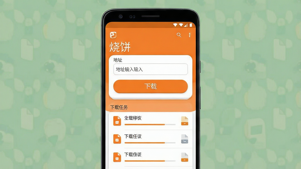 一张手机应用界面展示图,画面中央是一部竖屏安卓手机,屏幕上显示“烧饼”下载工具的简洁主界面,顶部有软件名称“烧饼”字样,中间是地址输入框和醒目的下载按钮,下方排列着下载任务列表,整体布局清爽有序,风格为现代扁平化UI设计,配色以橙色和白色为主,细节包括圆角卡片、进度条和文件图标,画质清晰干净,无多余元素