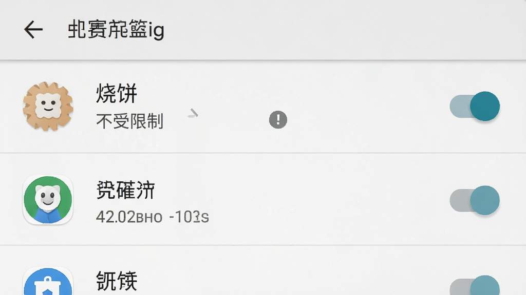 一张手机系统设置界面图,画面展示安卓手机的电池管理页面,列表中“烧饼”应用被设置为“不受限制”状态,界面风格为原生安卓设置页,配色以白色和浅灰为主,细节包括开关按钮和应用图标,排版清晰,画质干净,无多余元素