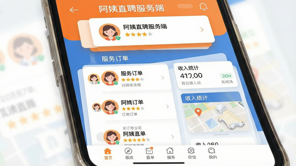 一张手机屏幕展示家政服务接单界面,画面中央是“阿姨直聘服务端”应用主页面,上方显示新订单提醒卡片,中间排列服务订单列表与收入统计模块,下方为底部导航栏,整体采用橙蓝色调,布局清晰规整,扁平化UI风格,细节包含头像、星级评分与地图定位图标,画质干净高清,无多余装饰元素