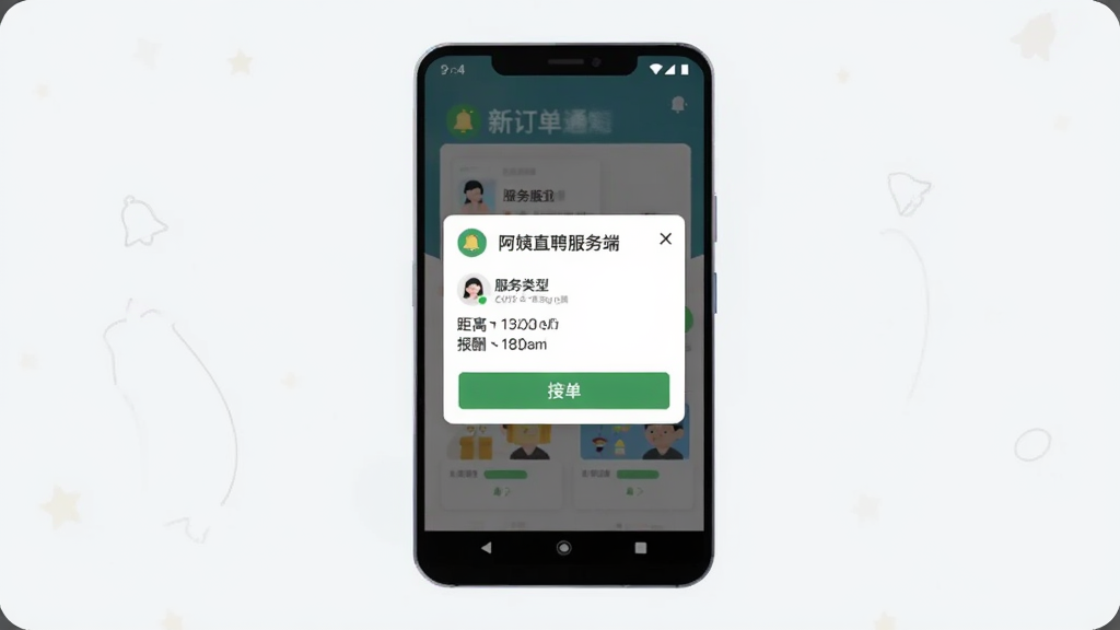 画面主体为一部竖屏安卓手机,屏幕中弹出“阿姨直聘服务端”新订单通知弹窗,弹窗内展示服务类型、距离、报酬与接单按钮,手机周围以简洁的浅色背景衬托,布局居中对称,风格为现代扁平化插画,细节包含铃铛图标与订单卡片阴影,画质清晰干净,无杂乱元素
