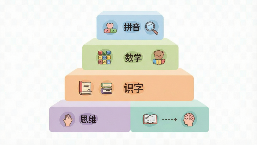 一张展示课程体系结构的示意图插画,画面主体为多层阶梯式课程模块,标注“拼音”“数学”“识字”“思维”等分区,布局为纵向层级排列,风格为简洁信息图插画,细节包含柔和的色块分区与图标装饰,画质清晰,画面干净,无多余元素