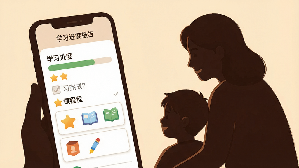 一张家长查看学习进度报告的界面场景插画,画面主体为手机屏幕显示学习进度图表与课程完成清单,旁边有家长与孩子一起观看的剪影,布局为左右分栏,风格为温馨扁平插画,细节包含进度条、星标与课程图标,画质高清,画面干净,无多余元素