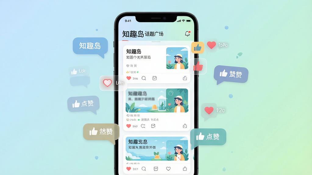 一张AI生图,画面展示“知趣岛”话题广场界面,手机屏幕中央是话题卡片瀑布流,周围环绕对话气泡和点赞图标,布局为手机居中、元素环绕式,风格为清新扁平化UI插画,细节丰富,背景为浅蓝到浅绿的柔和渐变,画质高清干净,无多余元素