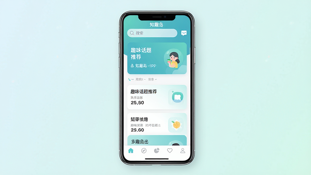 一张手机应用界面展示图,画面中央是“知趣岛”APP的首页界面,顶部有搜索栏和消息图标,中间是卡片式趣味话题推荐列表,底部是导航栏,整体采用清新蓝绿色调,扁平化UI设计风格,背景为柔和渐变浅色,画面干净整洁,高质量渲染,无多余元素