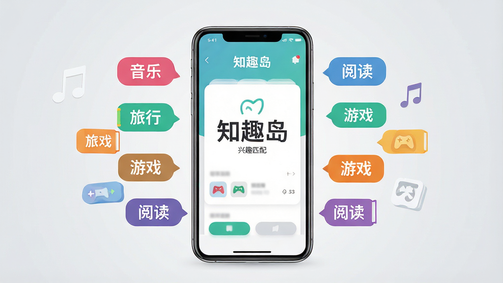 一张AI生图,画面主体是一部智能手机,屏幕上显示“知趣岛”兴趣匹配界面,多个彩色兴趣标签围绕手机飘浮,标签上写有“音乐”“旅行”“游戏”“阅读”等字样,布局居中对称,风格为现代扁平插画风,细节精致,背景浅灰渐变,画质清晰干净,无多余元素