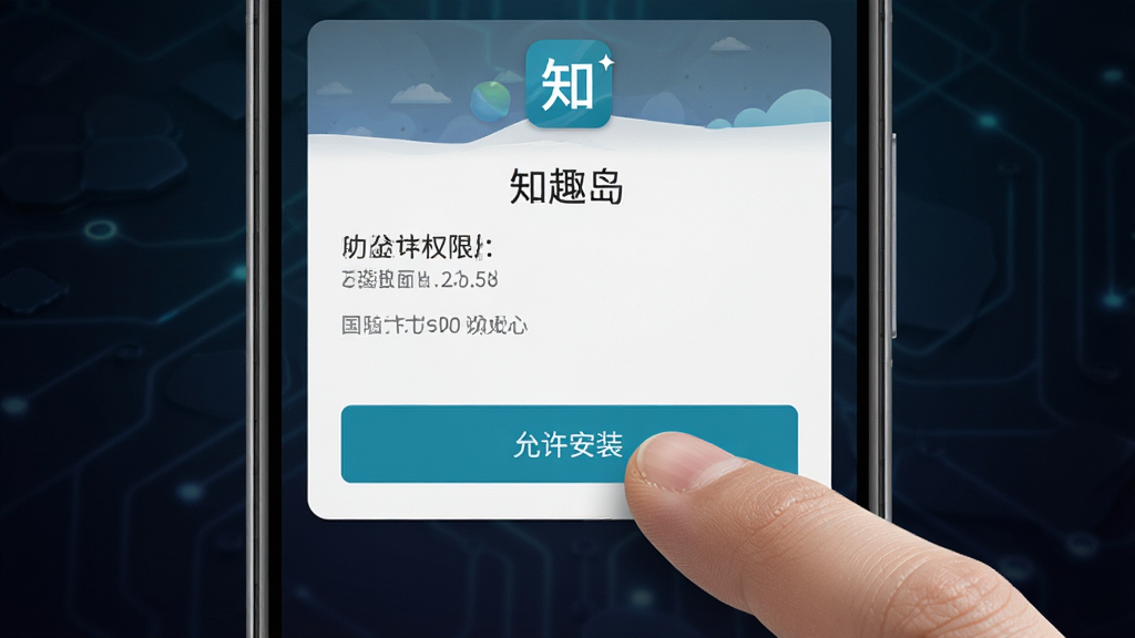 一张AI生图,画面主体是一部安卓手机特写,屏幕上显示“知趣岛”应用安装权限设置界面,手指正点击“允许安装”按钮,布局为手机居中放大展示,风格为写实科技风,细节清晰,背景为深色渐变,画质高清干净,无多余元素