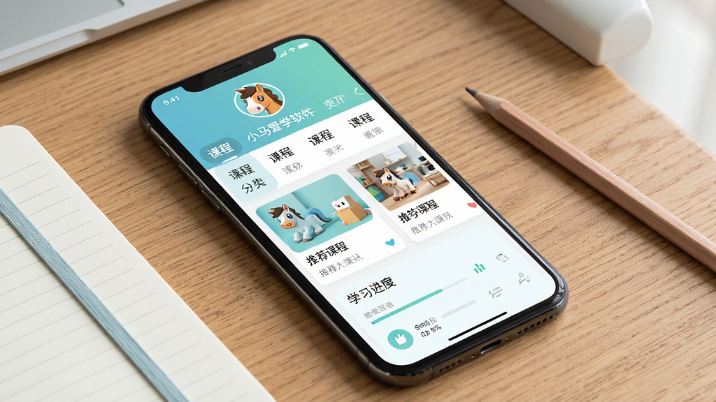 一张展示小马爱学软件整体界面的效果图,画面主体为一部智能手机屏幕,屏幕上显示小马爱学APP首页,包含课程分类导航、推荐课程卡片和学习进度模块,布局清晰整齐,手机放置在一张木质书桌上,旁边有笔记本和铅笔,风格为清新明亮的现代教育科技风,细节包括屏幕上的卡通小马吉祥物图标和柔和的蓝绿色调,画质高清,画面干净,无多余元素