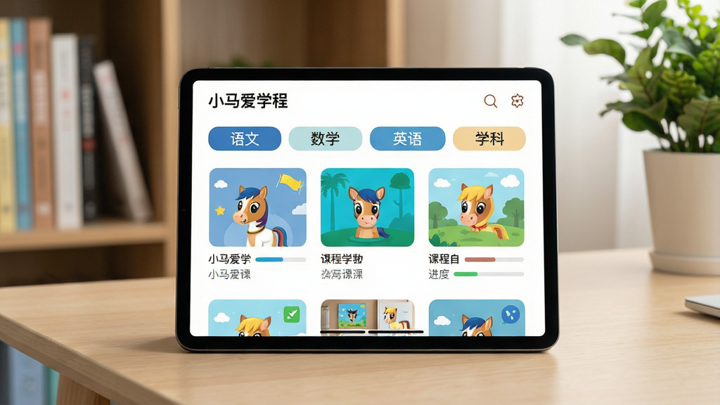 一张展示小马爱学多学科课程页面的效果图,画面主体为一部平板电脑,屏幕上显示小马爱学课程列表界面,清晰可见语文、数学、英语等学科分类标签和课程缩略图,平板放置在浅色桌面上,背景有书架和绿植,风格为温馨的学习场景风,细节包括课程封面上的学科图标和进度条,画质清晰,画面干净,无多余元素