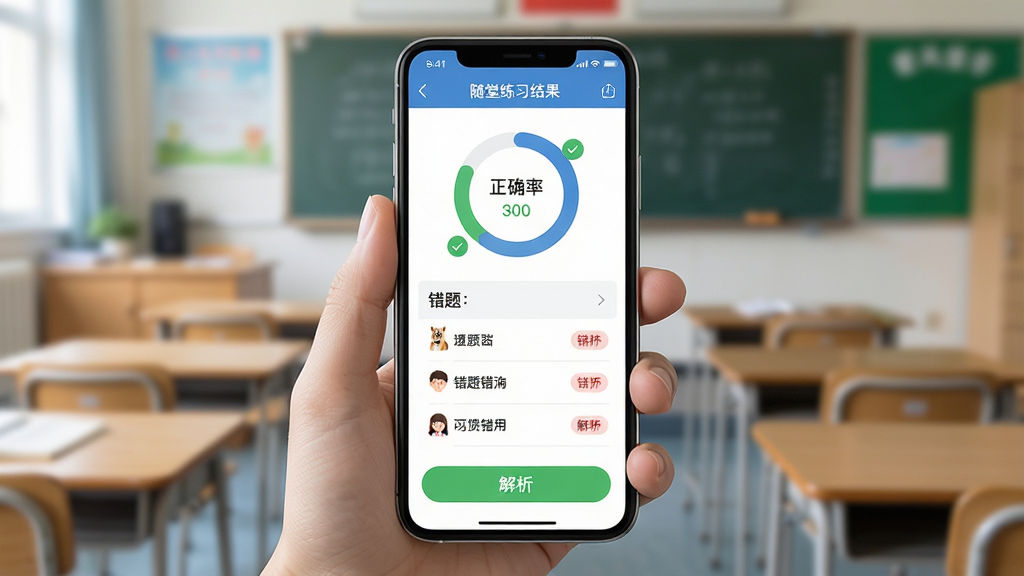 一张展示小马爱学练习反馈界面的效果图,画面主体为一部智能手机,屏幕上显示小马爱学随堂练习结果页面,包含正确率环形图、错题列表和解析按钮,手机被一只手握持,背景为模糊的教室环境,风格为简洁的教育应用界面风,细节包括绿色的正确标记和红色的错题提示,画质高清,画面干净,无多余元素